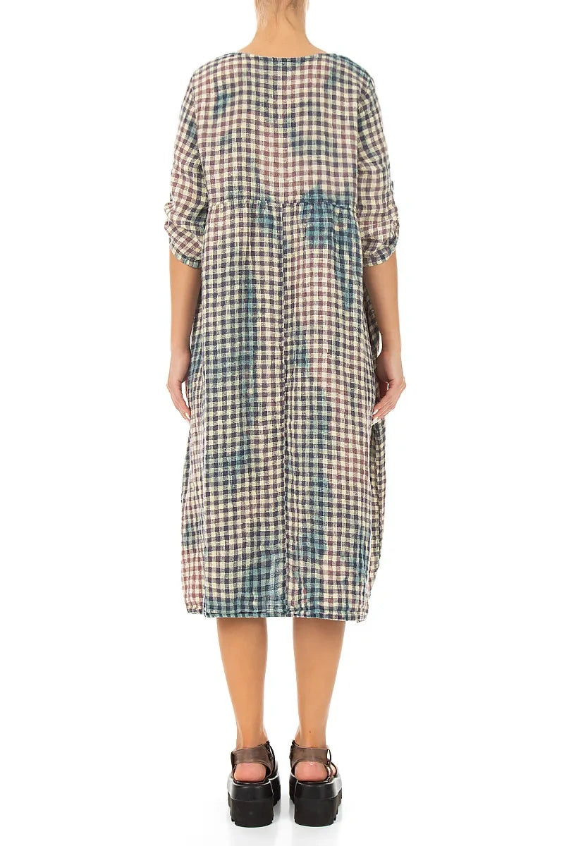 Buttoned Watercolour Check Linen Dress 3