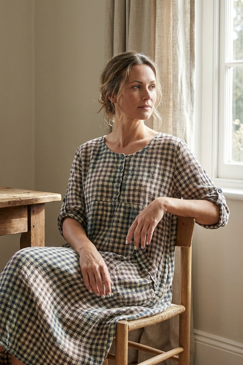 Buttoned Watercolour Check Linen Dress 1