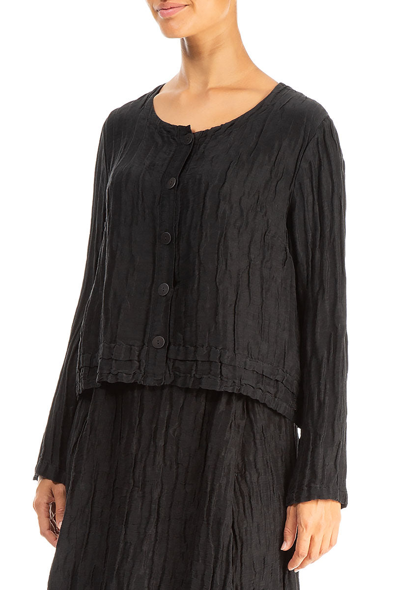 Buttons Crinkled Black Silk Jacket 3