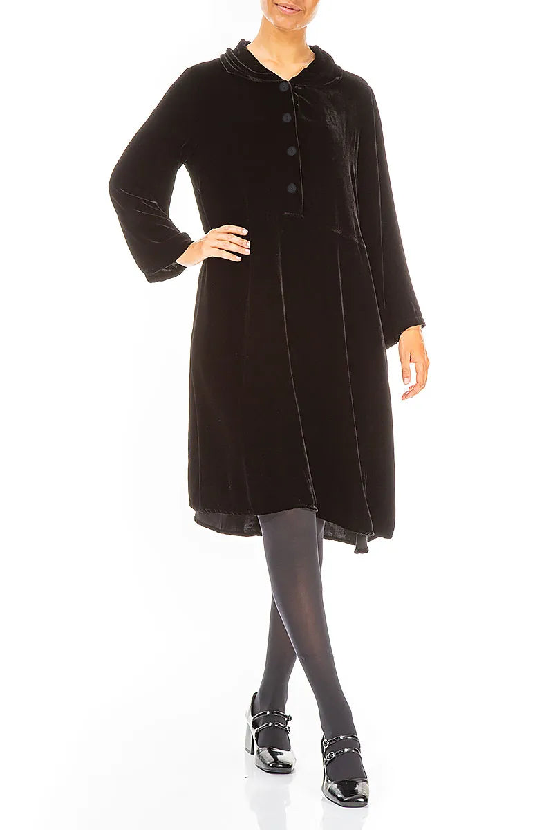 Collar Neck Black Silk Velvet Dress 4