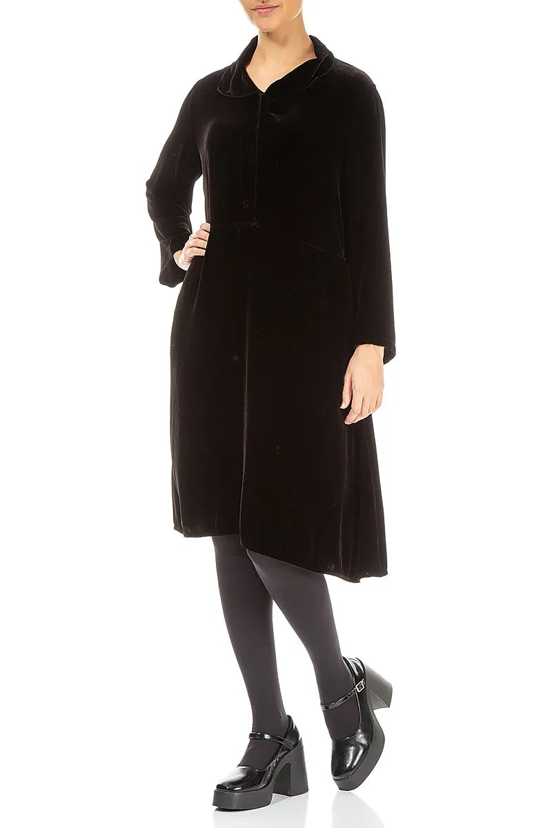Collar Neck Black Silk Velvet Dress