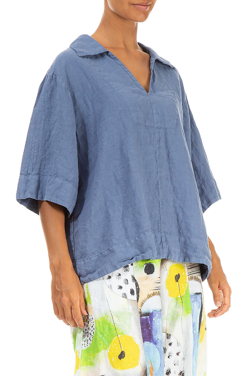 Collar Neck Blue Nova Linen Blouse 3