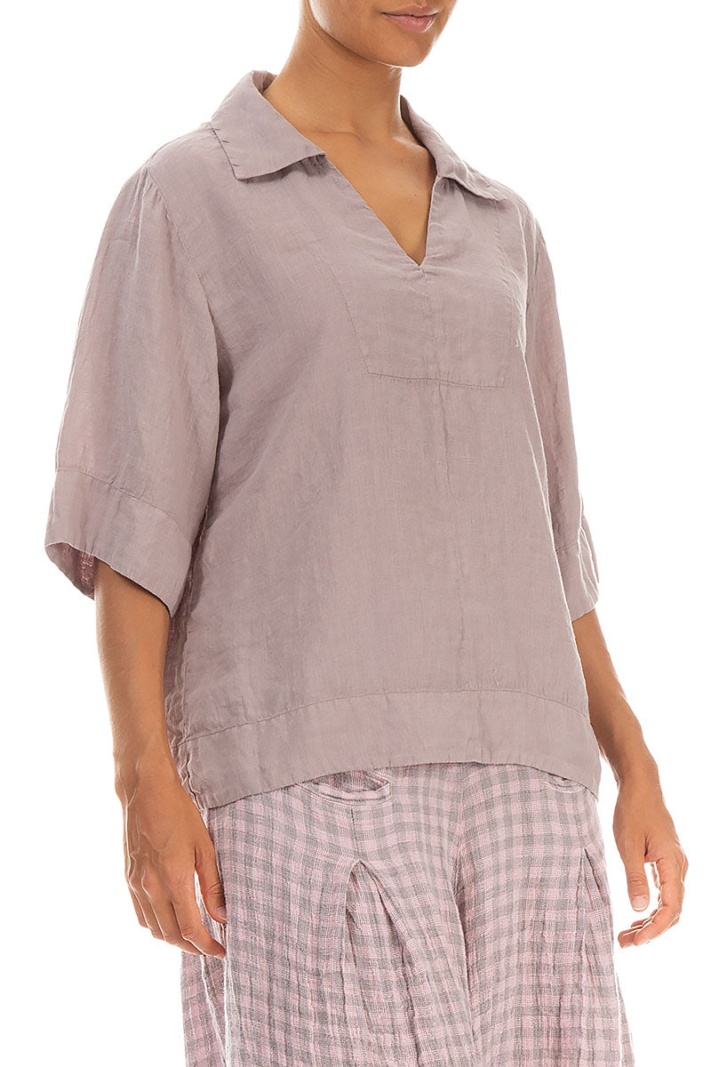 Collar Neck Greige Linen Blouse 3