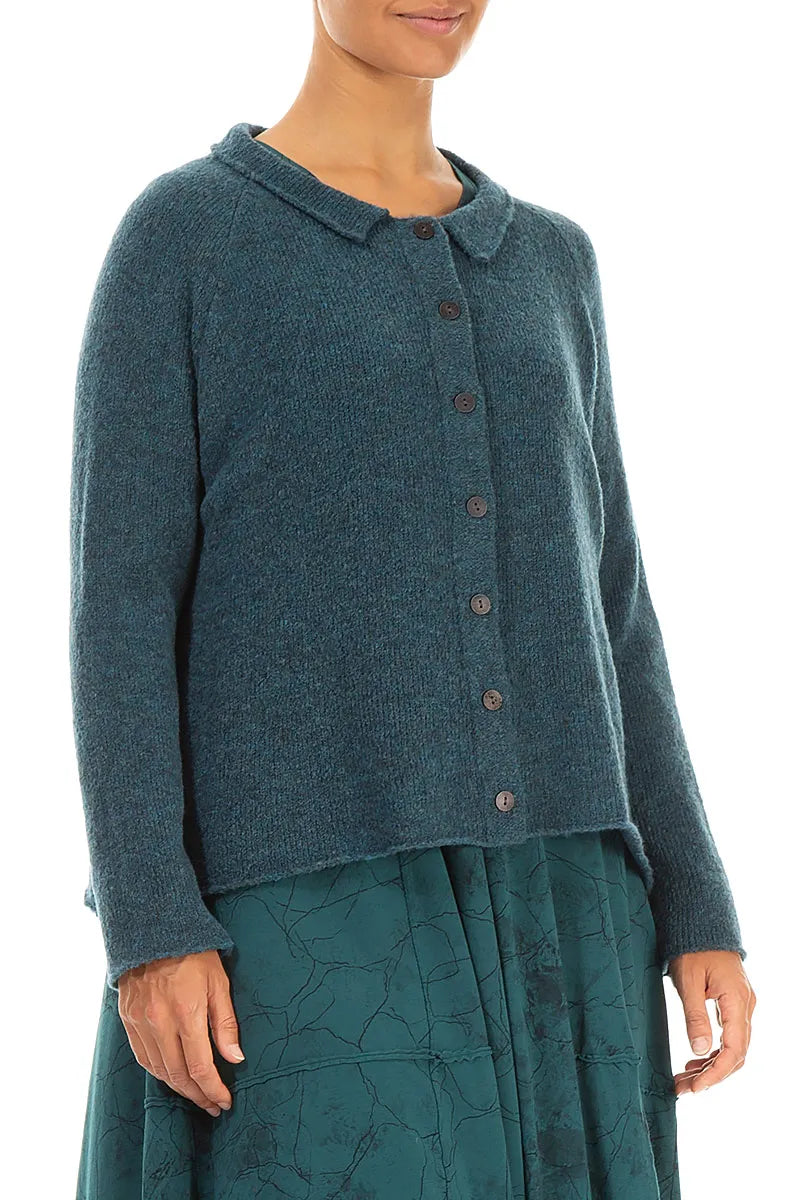 Collar Neck Teal Wool Cardigan 3
