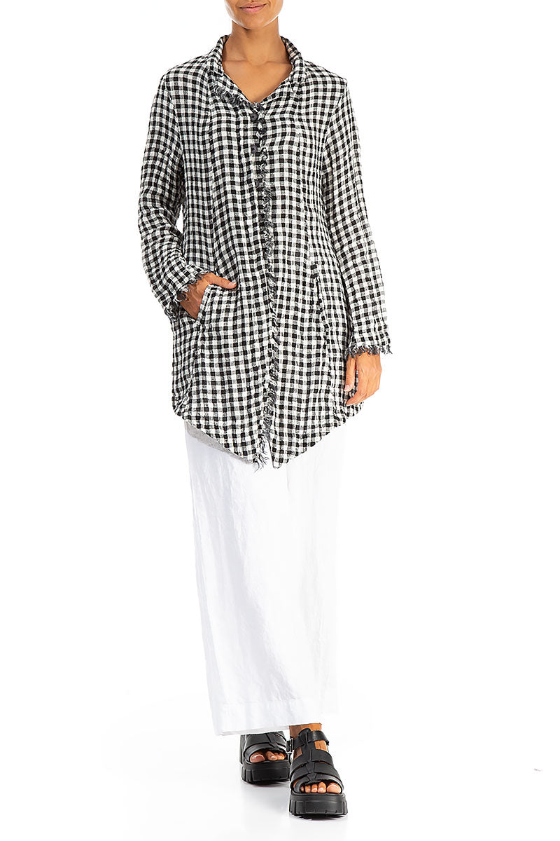 Collar Raw Edge Black & White Check Linen Jacket 4
