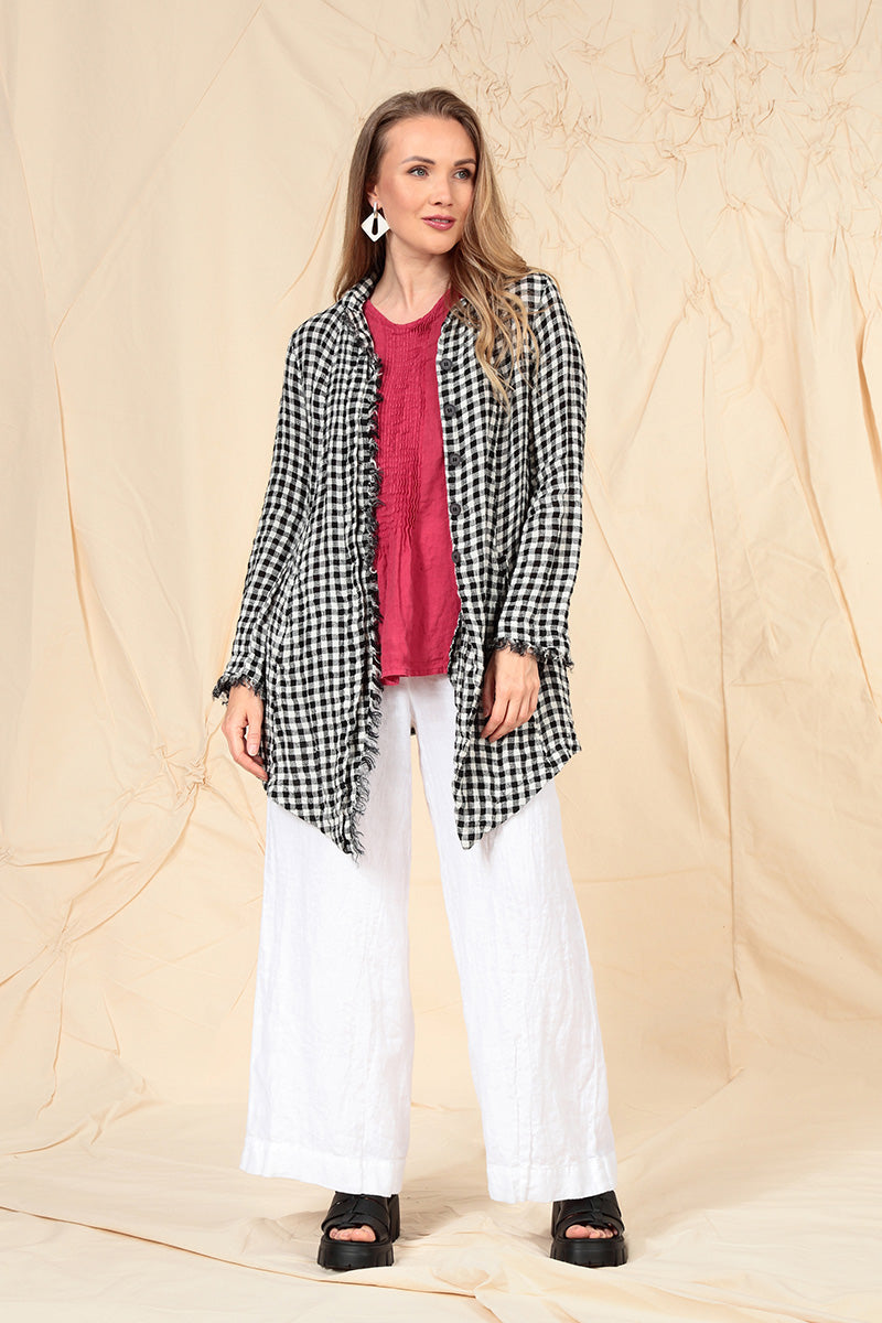 Collar Raw Edge Black & White Check Linen Jacket 6
