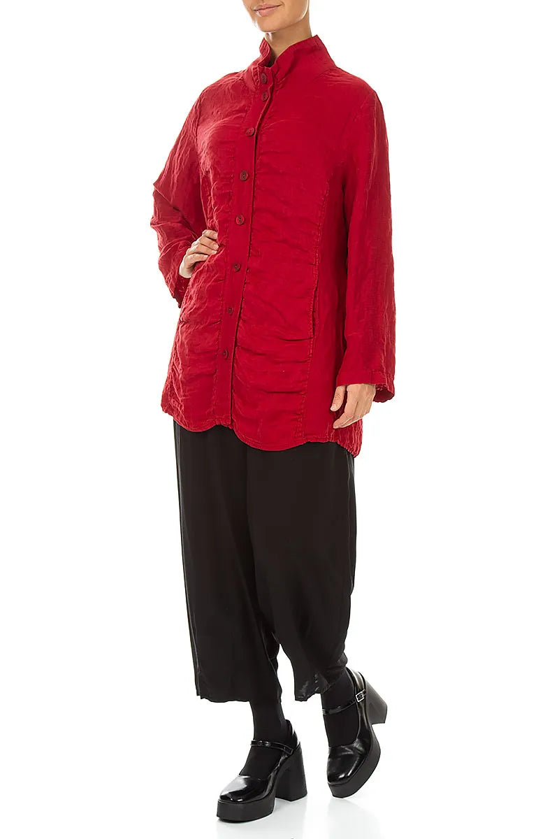 Collar Textured Cherry Red Silk Linen Jacket 4
