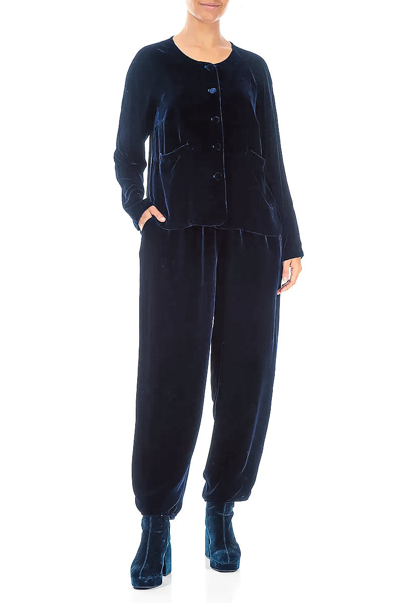 Veste en velours de soie bleu royal à boutons recouverts