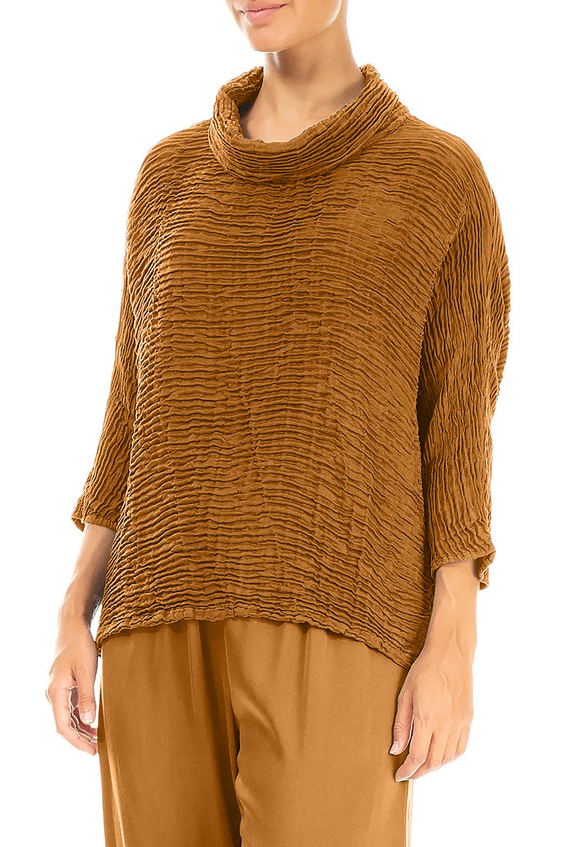 Cowl Neck Aged Copper Plissé Silk Blouse 3