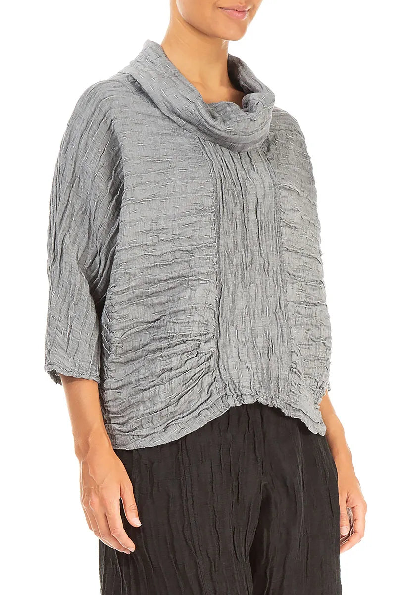 Cowl Neck Crinkled Black Silver Silk Blouse 3