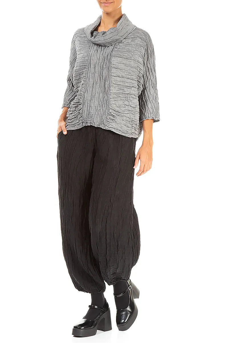 Cowl Neck Crinkled Black Silver Silk Blouse 4