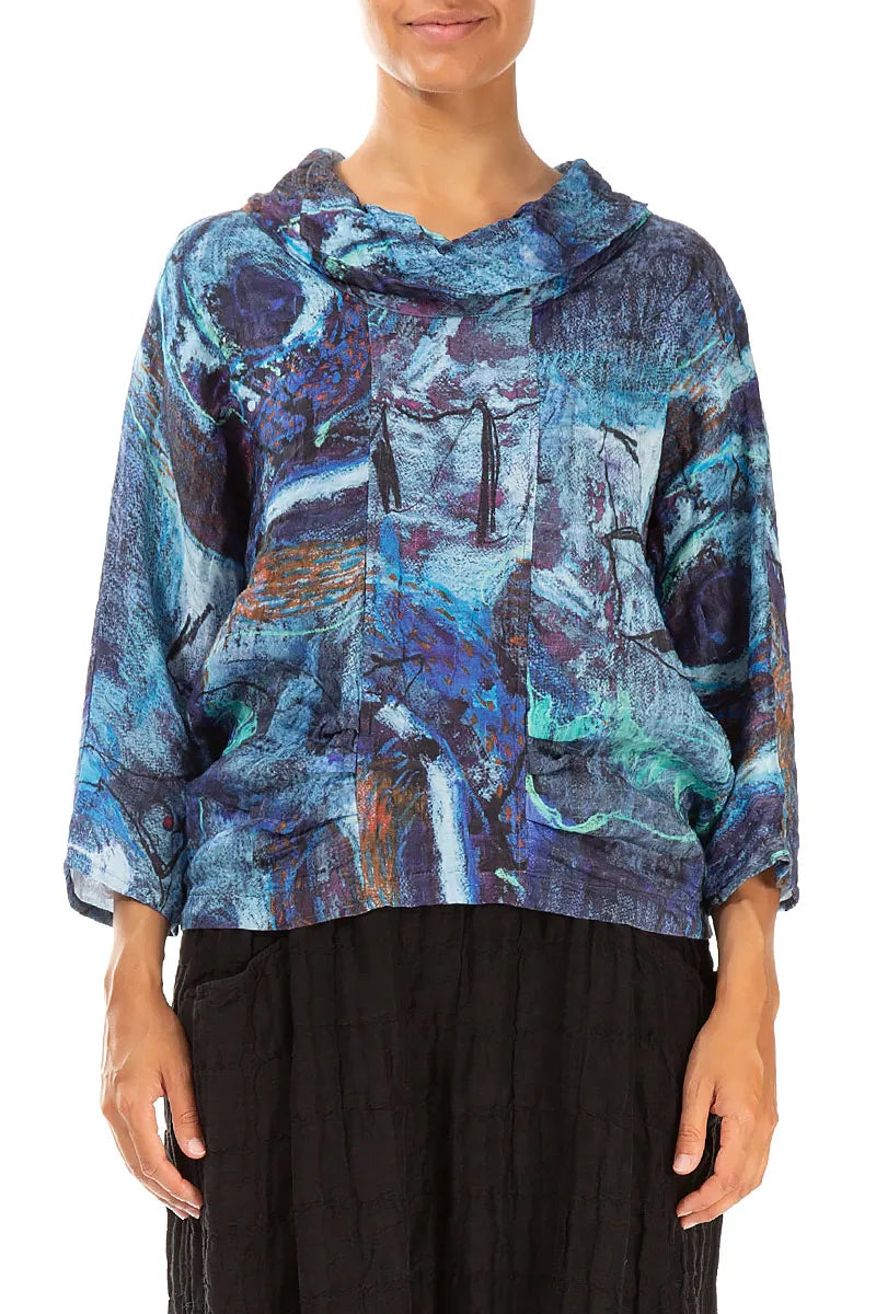 Cowl Neck Crinkled Blue Reverie Silk Blouse 1