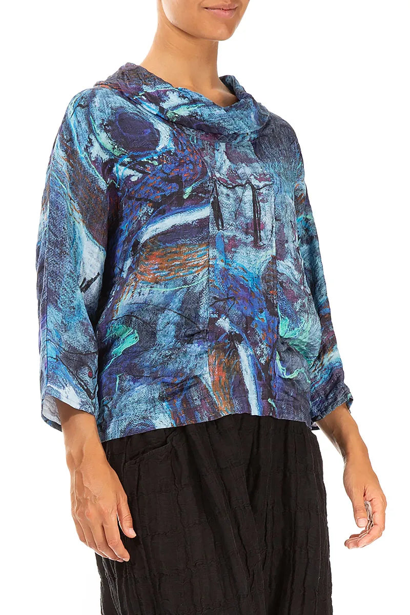 Cowl Neck Crinkled Blue Reverie Silk Blouse 3