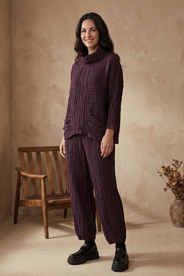 Blouse en soie et Lin Froissé à col bénitier, prune profond