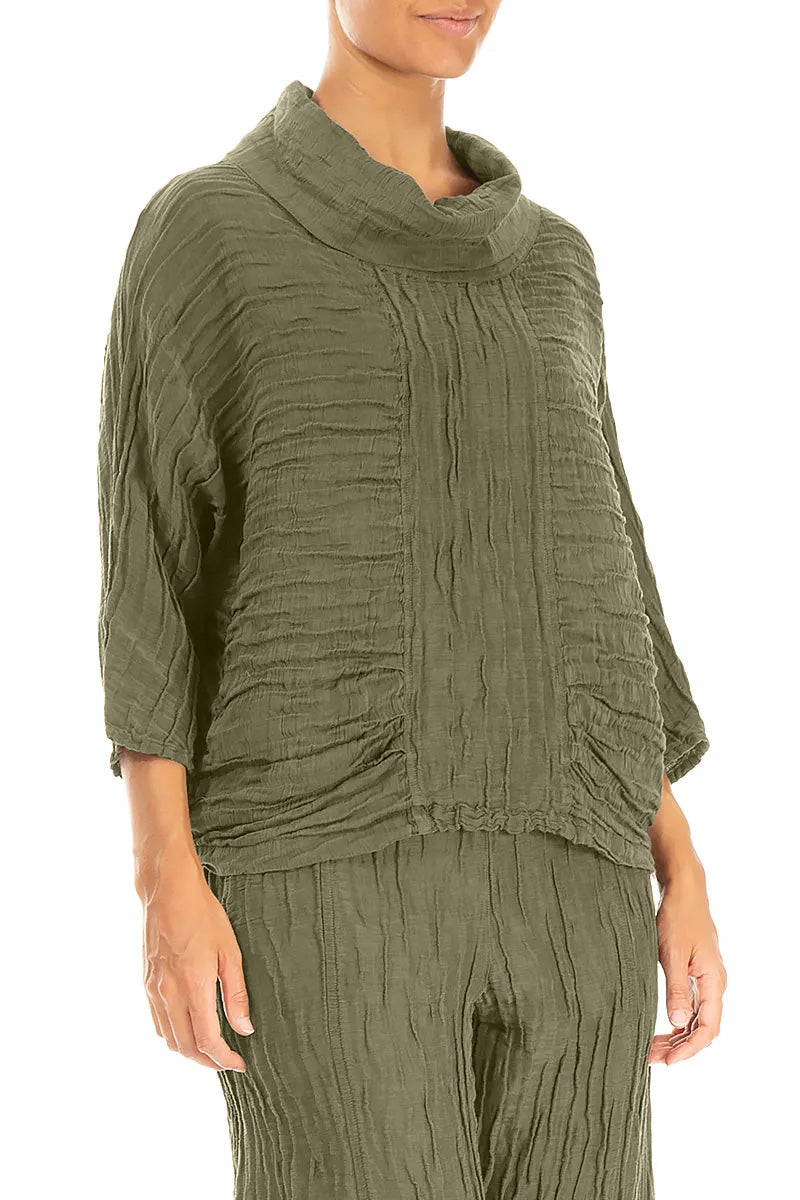 Cowl Neck Crinkled Forest Mist Silk Blouse