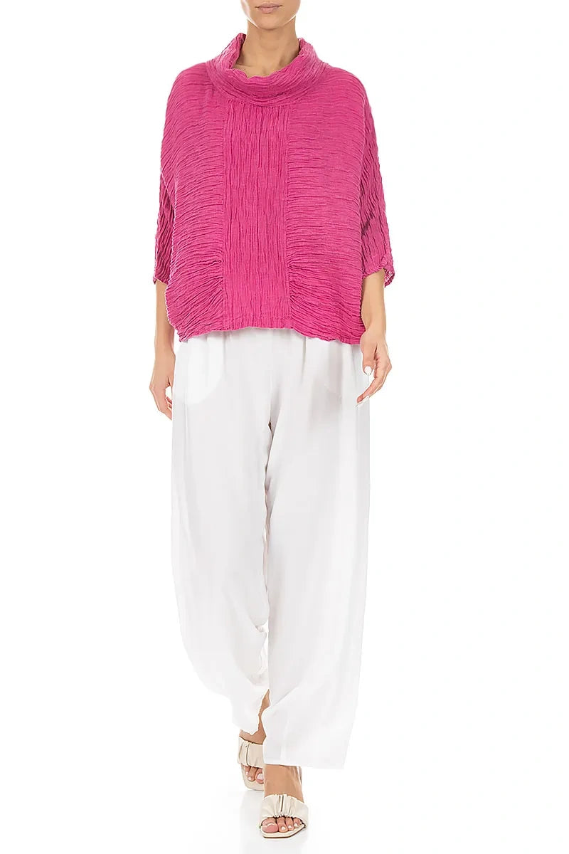 Cowl Neck Crinkled Fuchsia Silk Blouse 4