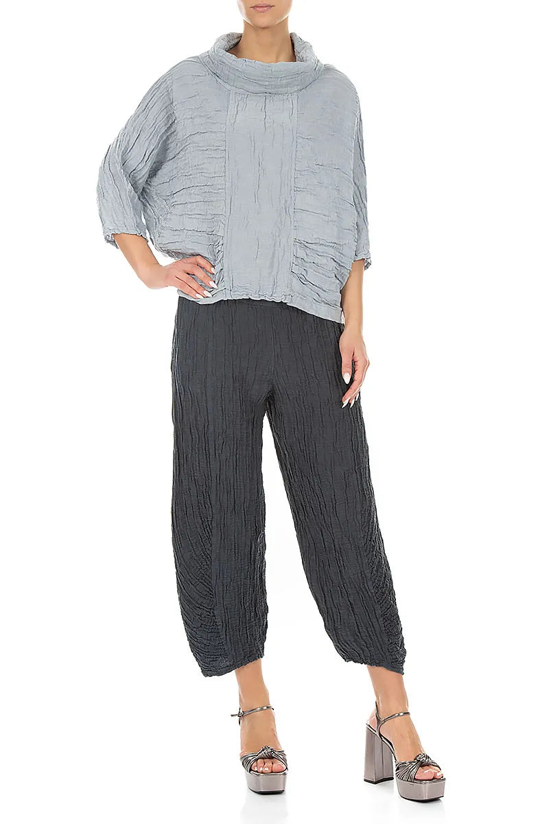 Cowl Neck Crinkled Silver Grey Silk Linen Blouse