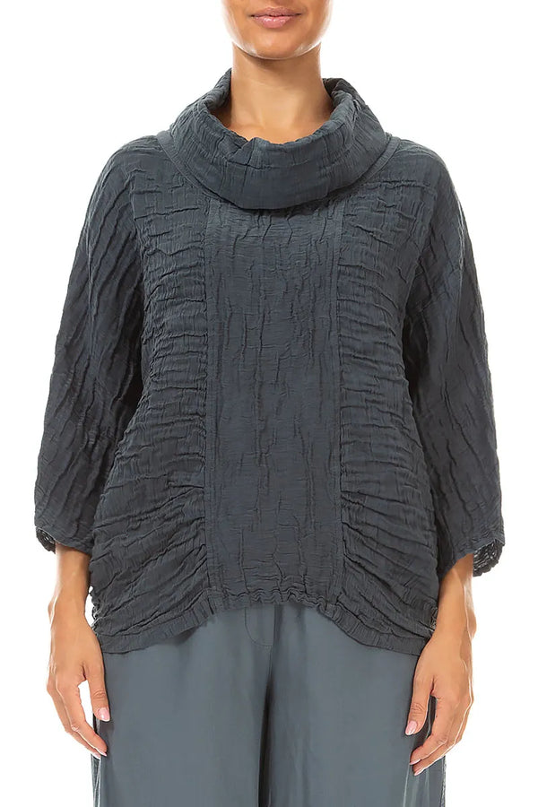 Blouse en Soie et Lin Froissé Gris ardoise à col drapé