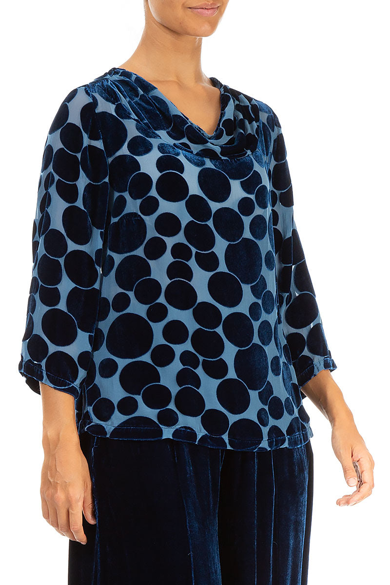 Cowl Neck Devoré Bubbles Azure Silk Velvet Blouse 3