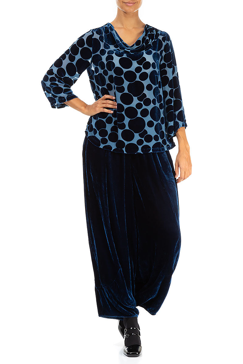 Cowl Neck Devoré Bubbles Azure Silk Velvet Blouse 4