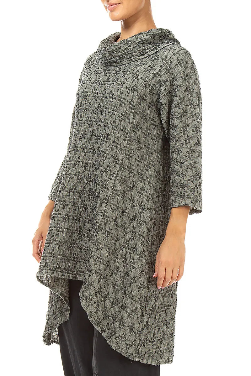 Cowl Neck Geometric Texture Olive Grey Linen Tunic 3