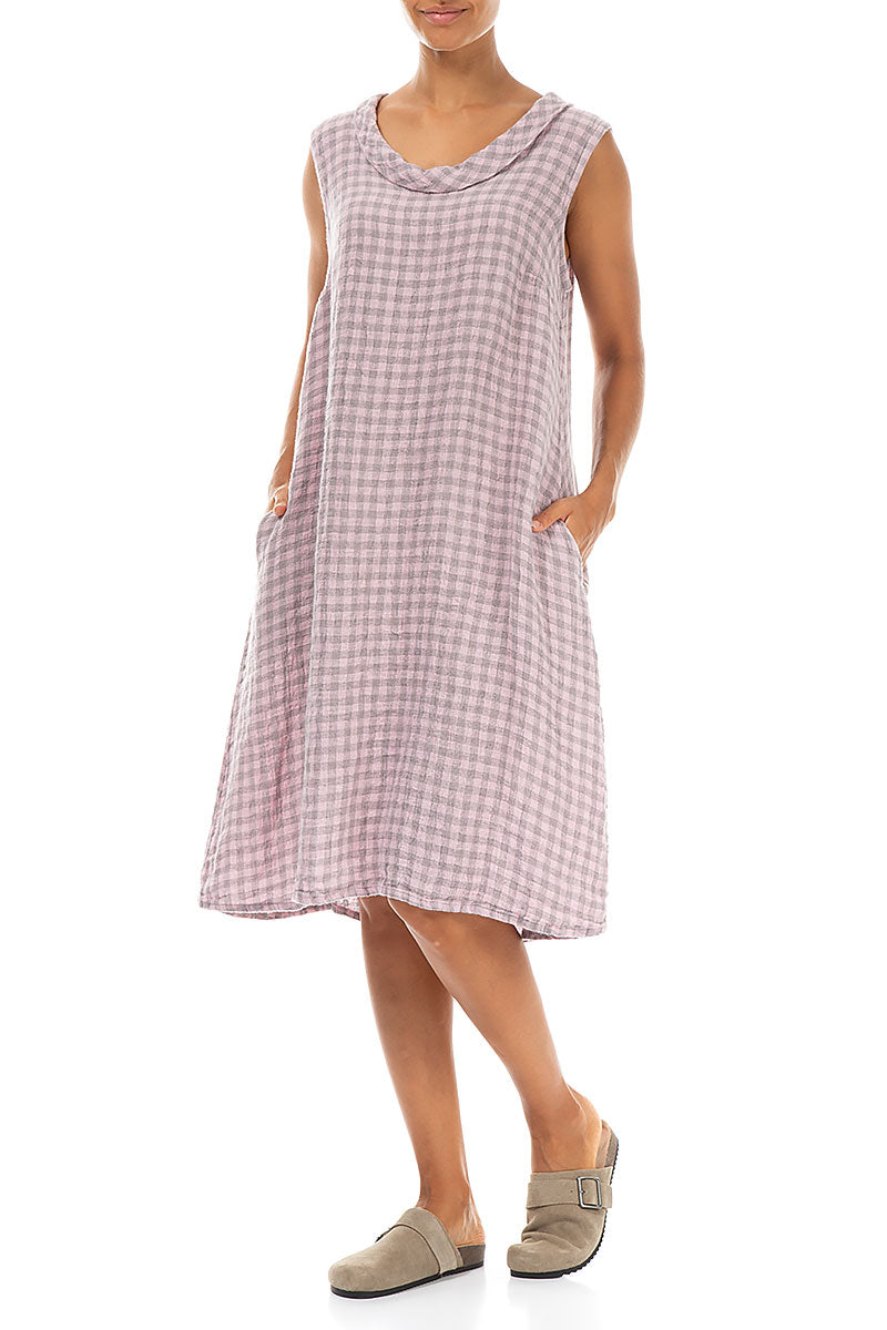 Cowl Neck Pink Check Linen Midi Dress 3