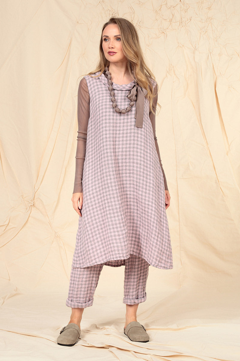 Cowl Neck Pink Check Linen Midi Dress 6