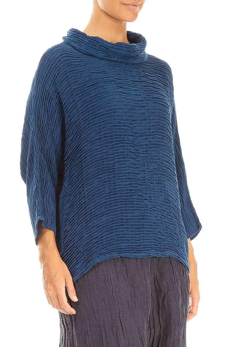 Cowl Neck Royal Blue Plissé Silk Blouse 3