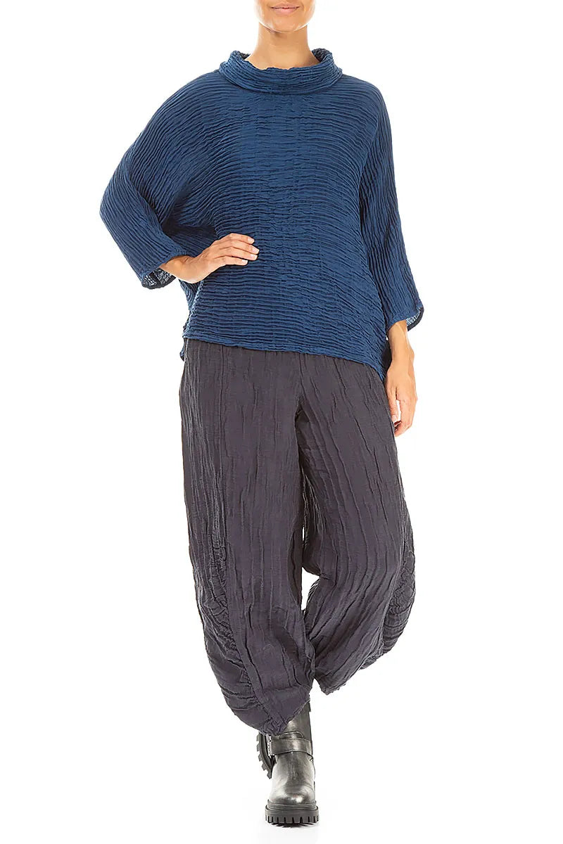 Cowl Neck Royal Blue Plissé Silk Blouse 4