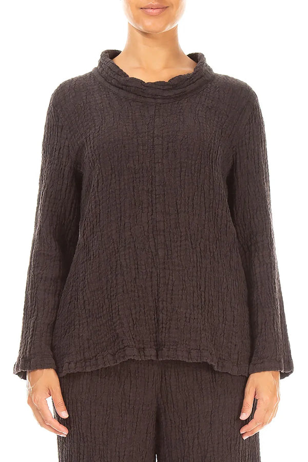 Cowl Neck Truffle Brown Textured Linen Blouse 1