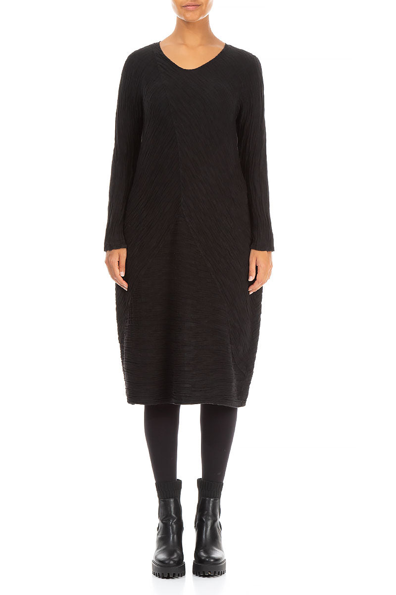 Subtle Balloon Crinkled Black Silk Midi Dress 1