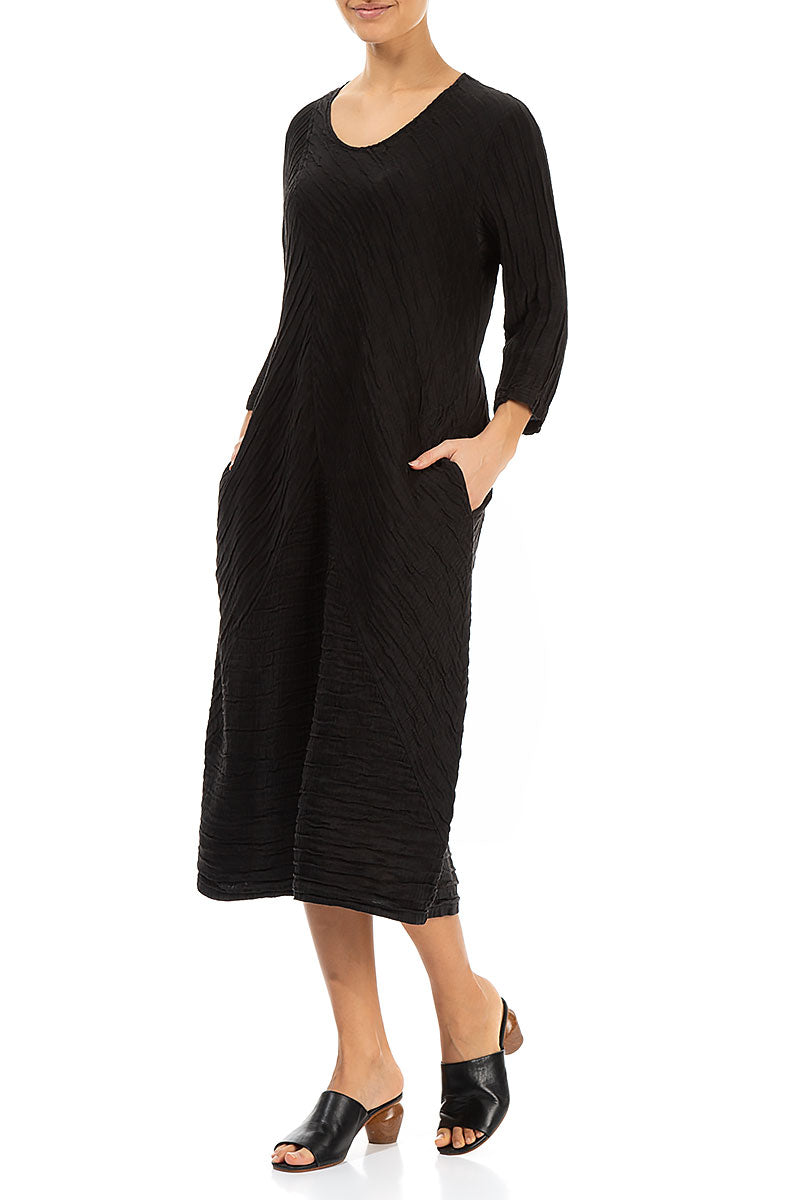 Crinkled Black Silk Linen Midi Dress 4
