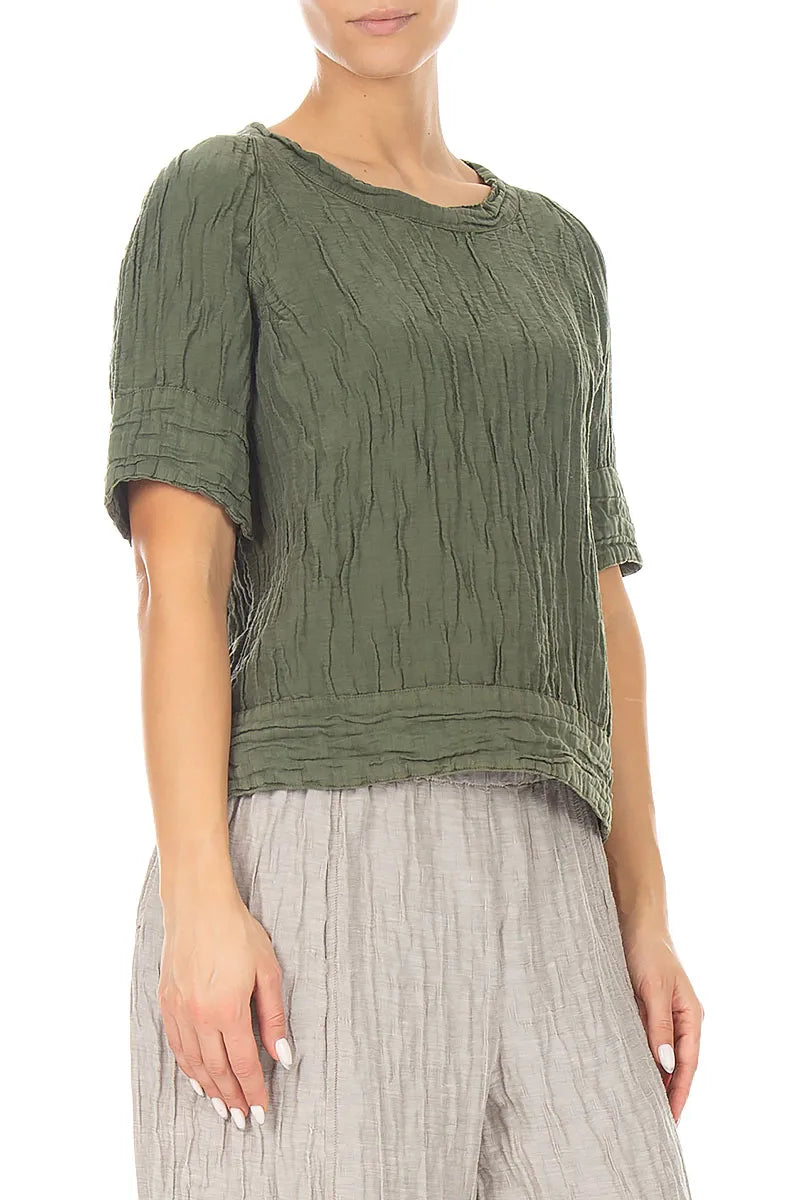 Crinkled Forest Mist Silk Linen Blouse 3