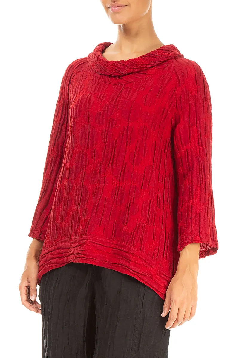 Chemisier en soie et lin rouge cerise à manches courtes et imprimé circulaire, manches courtes