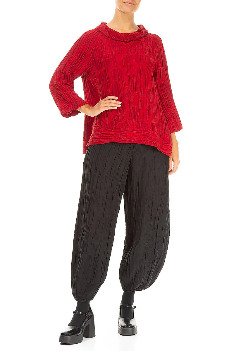 Chemisier en soie et lin rouge cerise à manches courtes et imprimé circulaire, manches courtes