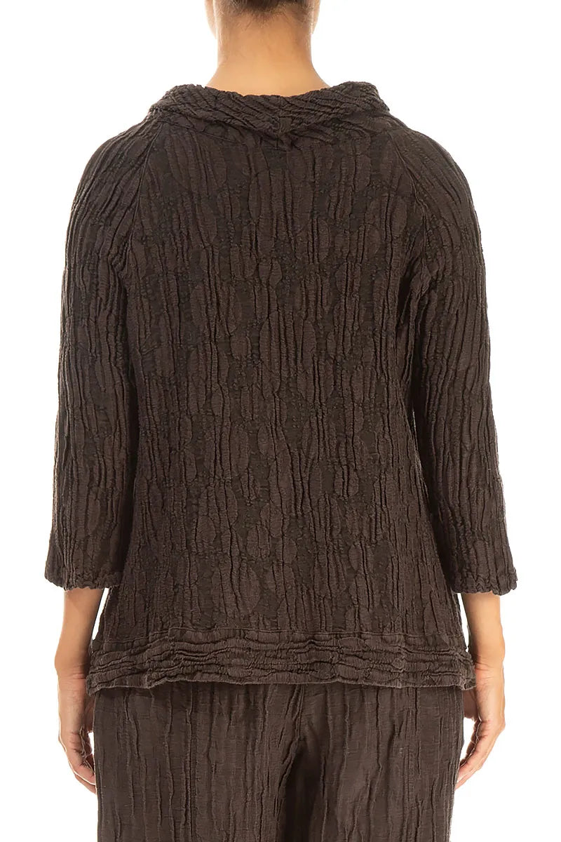 Cropped Sleeves Forest Brown Circle Silk Linen Blouse 2