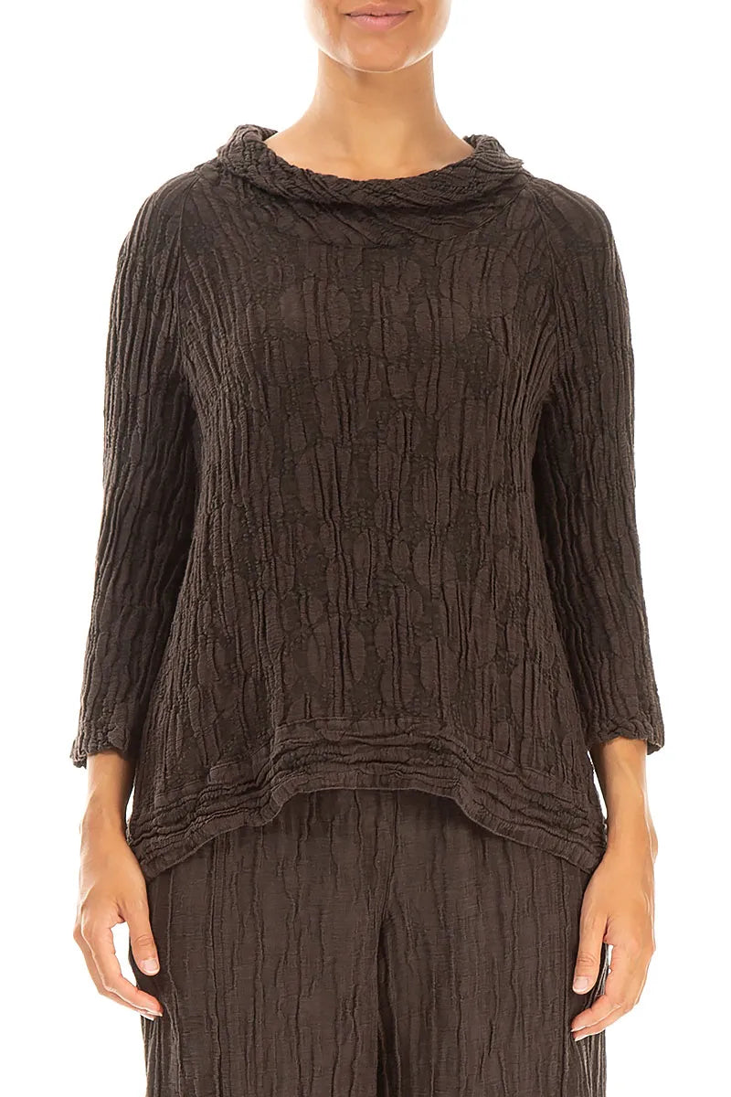 Cropped Sleeves Forest Brown Circle Silk Linen Blouse 1