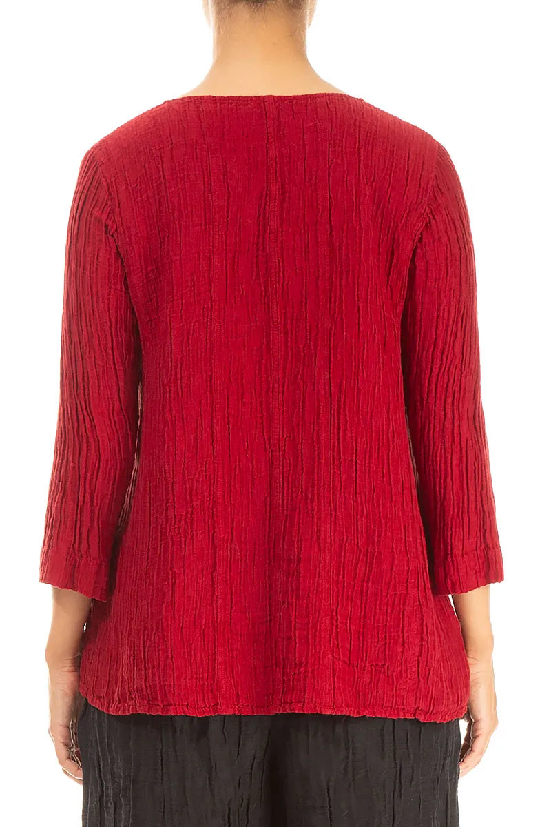 Cropped Sleeves Sweetheart Neck Crinkled Cherry Red Silk Blouse 2