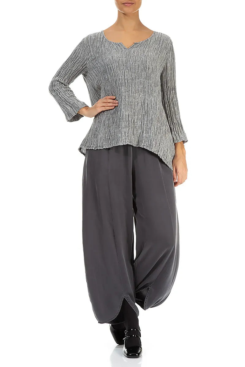 Cropped Sleeves Sweetheart Neck Crinkled Silver Silk Blouse 4