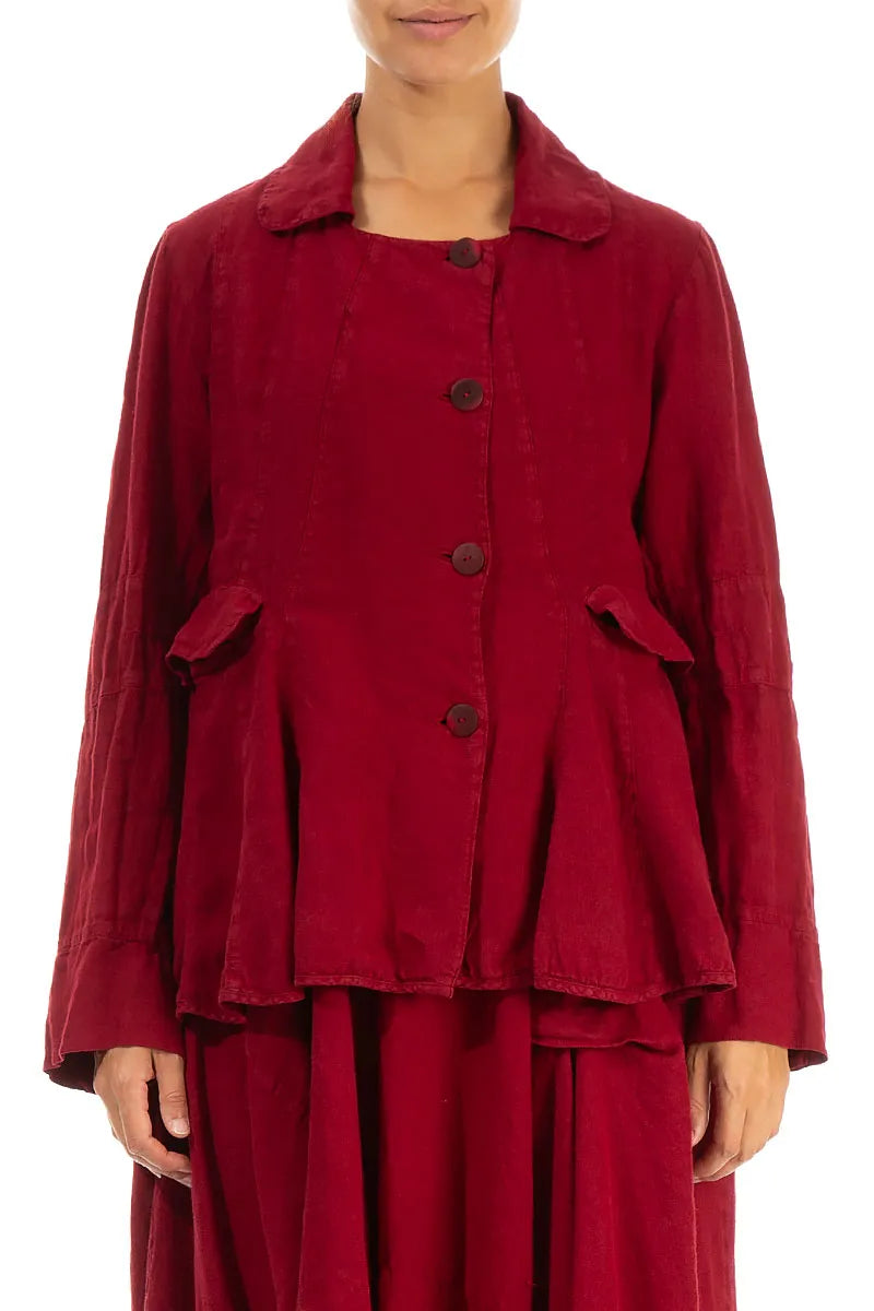 Dark Red Peplum Linen Jacket 1