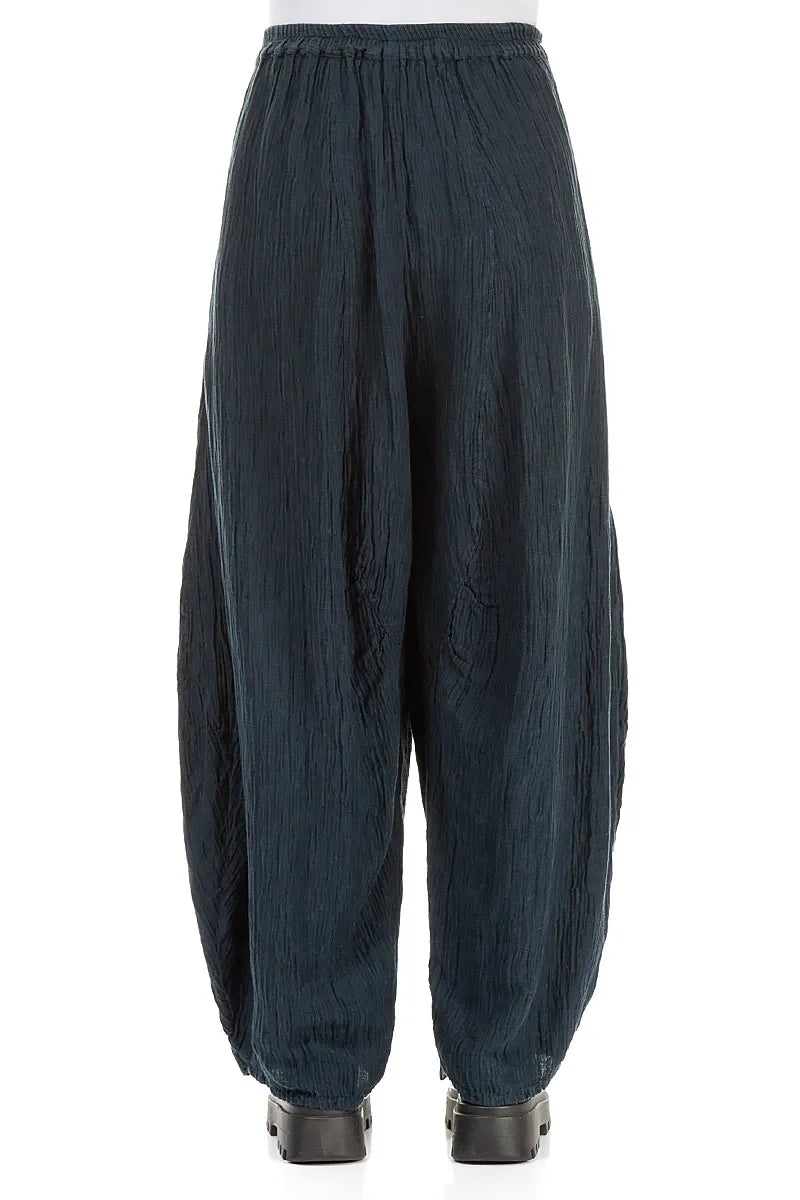 Detailed Loose Crinkled Navy Silk Trousers 2