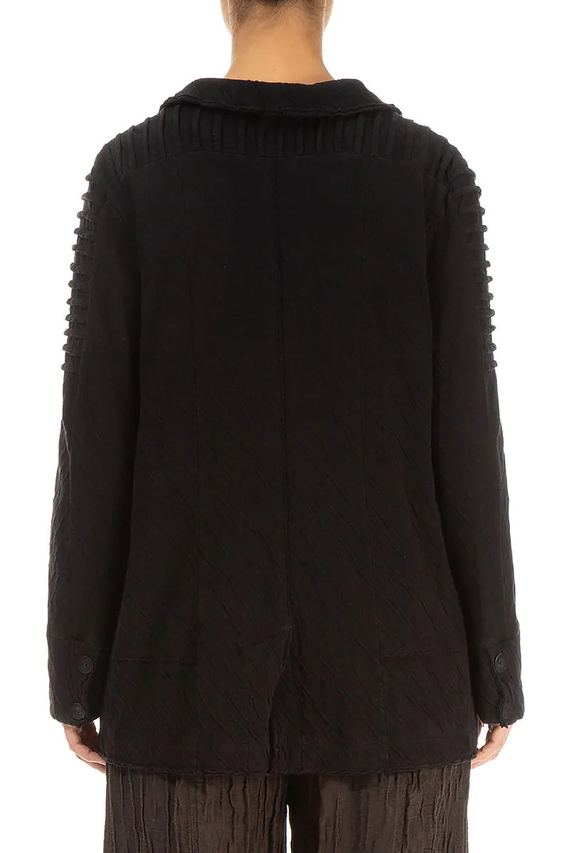 Detailed Shoulder Black Wavy Cotton Jacket 3