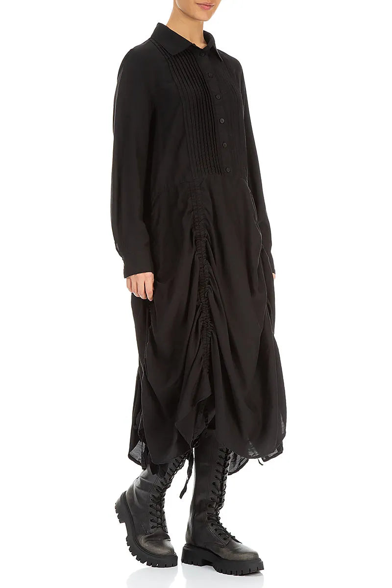 Draped Black Silk Bamboo Tuck Dress 4