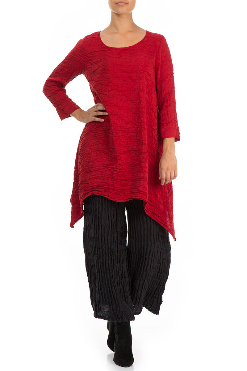 Dropped Edge Cherry Red Crinkled Silk Tunic