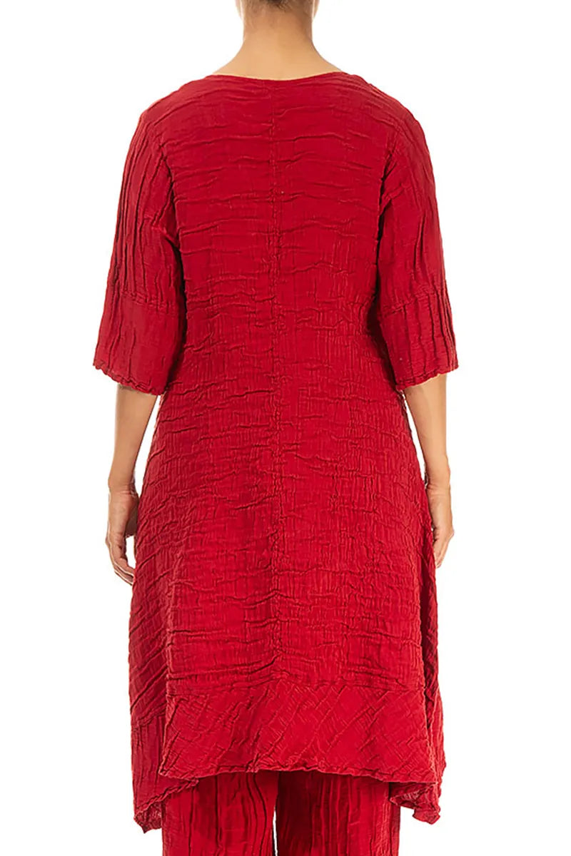Dropped Sides Crinkled Red Silk Linen Tunic