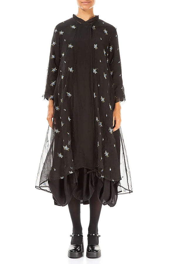 Embroidered Petals Black Silk Chiffon Jacket 1