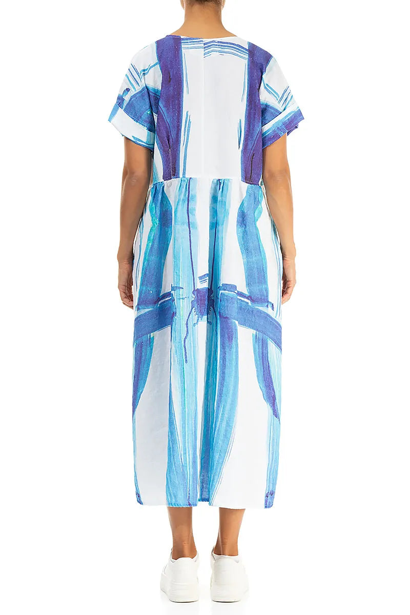 Empire Waist Blue Brushstroke Linen Dress