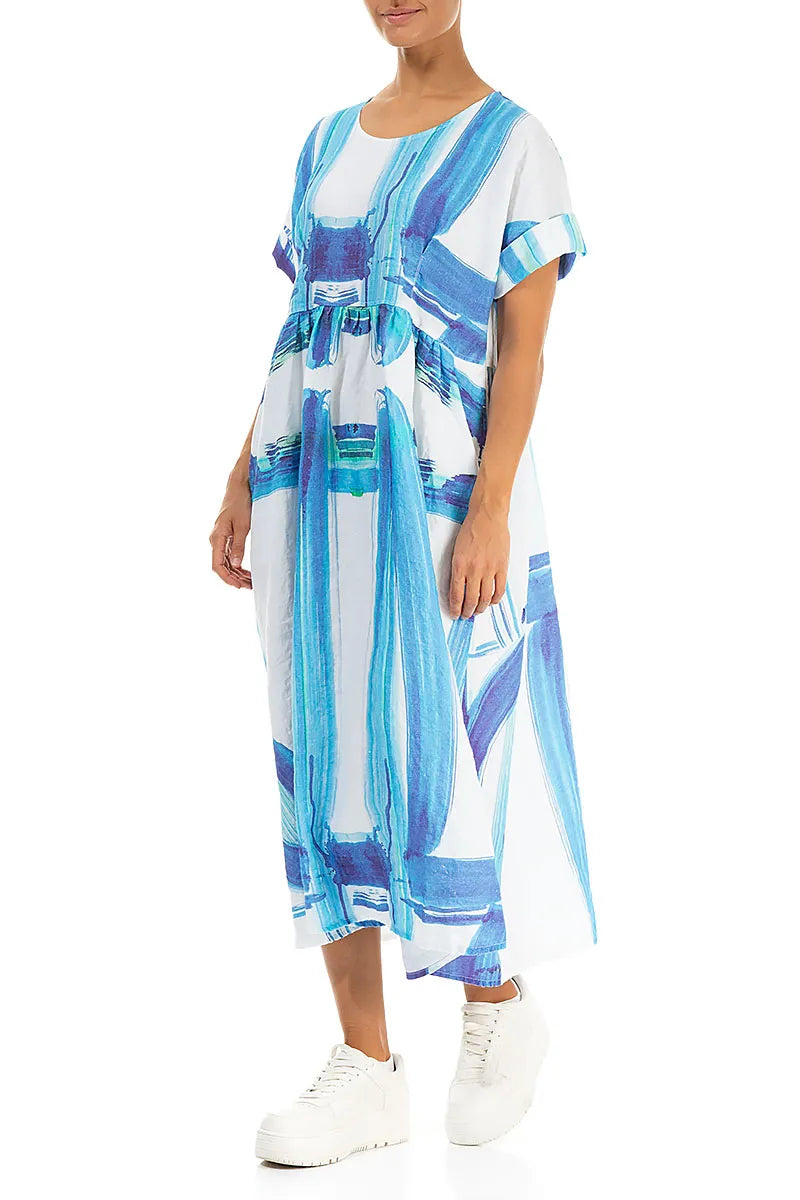 Empire Waist Blue Brushstroke Linen Dress