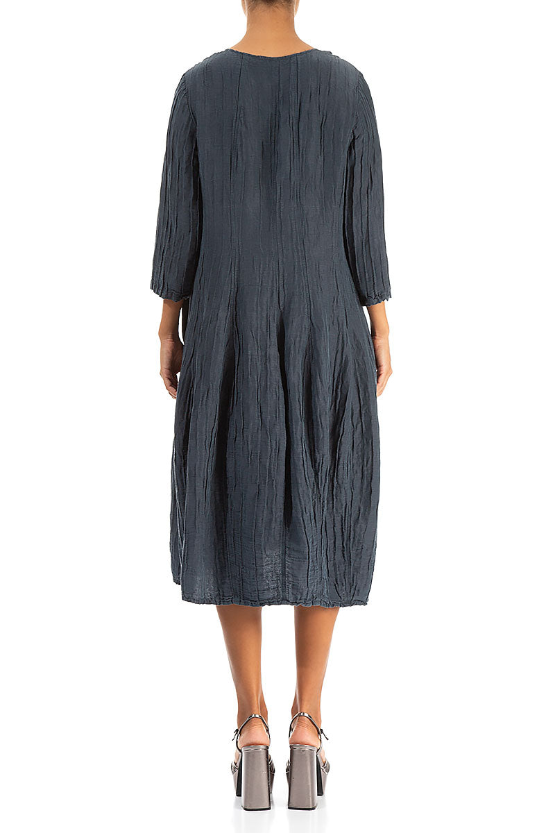 Flared Balloon Crinkled Graphite Silk Linen Dress 2