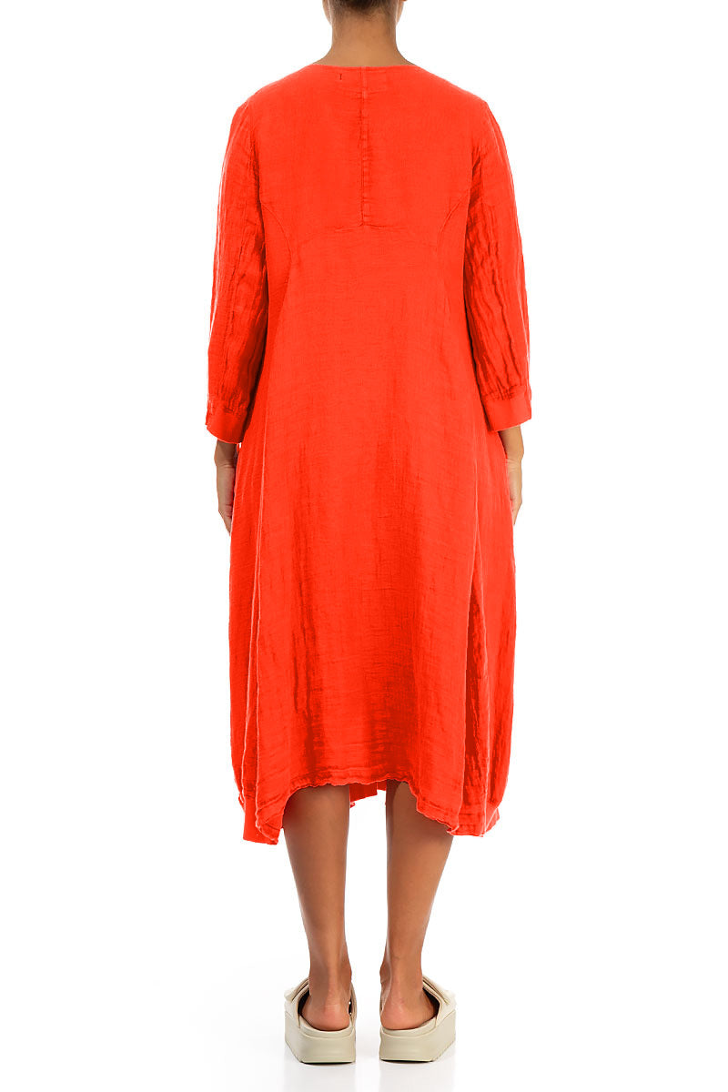Robe en lin orange, coupe évasée, manches ballon